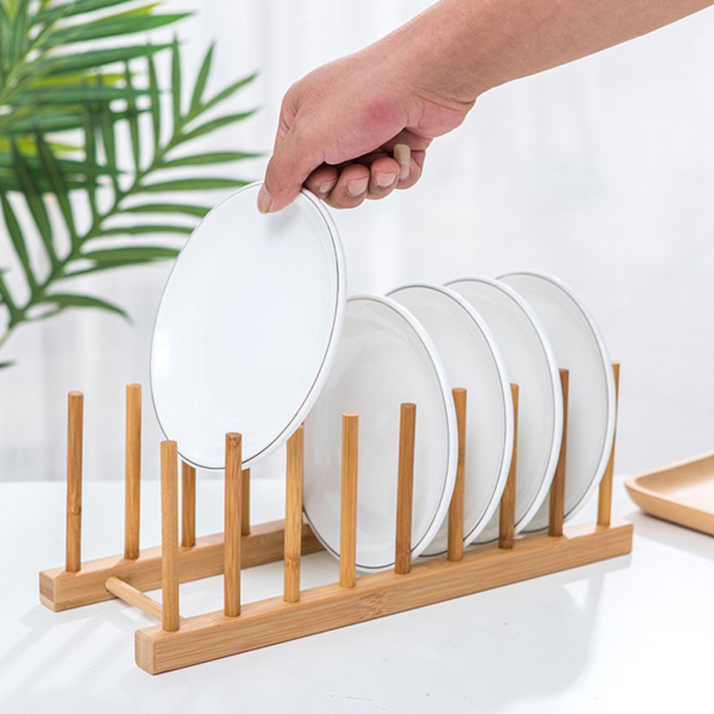 d0101h2l9c7 1pc Bamboo Dish Plate Bowl Drainer Storage; Cup Book Pot Lid Cutting Board Drying Rack; Stand Drainer Storage Holder Organizer Kitchen Cabinet; Keep Dry; 13.1in*5in - Image 1
