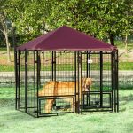 5' x 5' Outdoor Dog Kennel with Rotating Bowl Holders, Walk-in Pet Playpen, Wire Steel with Water and UV-Resistant Canopy, Red - Image 2