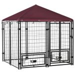 5' x 5' Outdoor Dog Kennel with Rotating Bowl Holders, Walk-in Pet Playpen, Wire Steel with Water and UV-Resistant Canopy, Red