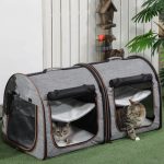 39" Portable Twin Compartment Show House Cat Cage/Condo, Soft-Sided Pet kennel, Dual Compartment, Soft Cushions & Storage Bag, Gray - Image 2