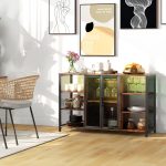 LED Wine Cabinet, Rustic Brown with Charging Station, Glass Holders & Open Shelves - Image 2