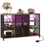 LED Wine Cabinet, Rustic Brown with Charging Station, Glass Holders & Open Shelves
