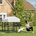 Welded Wire Outdoor Dog Kennel with 360° Rotating & 4 Levels Adjustable Bowls, Waterproof Cover, 3.9' x 3.9' x 4 - Image 2