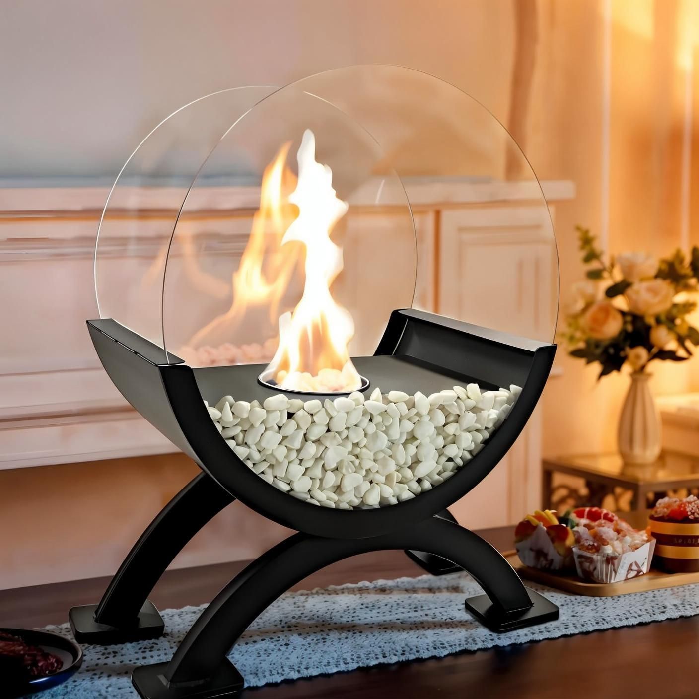 d0102x31q8u Round Glass Large Tabletop Fireplace 12.5" H Portable Fire Bowl Pot Clean Burning Fireplace for Indoor Outdoor Patio Parties Events(Black) - Image 1