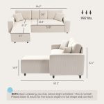 Corner Sofa with Reversible Chaise Lounge, Corduroy L-Shaped Sectional Sofa with Pocket Spring, Cream White - Image 3