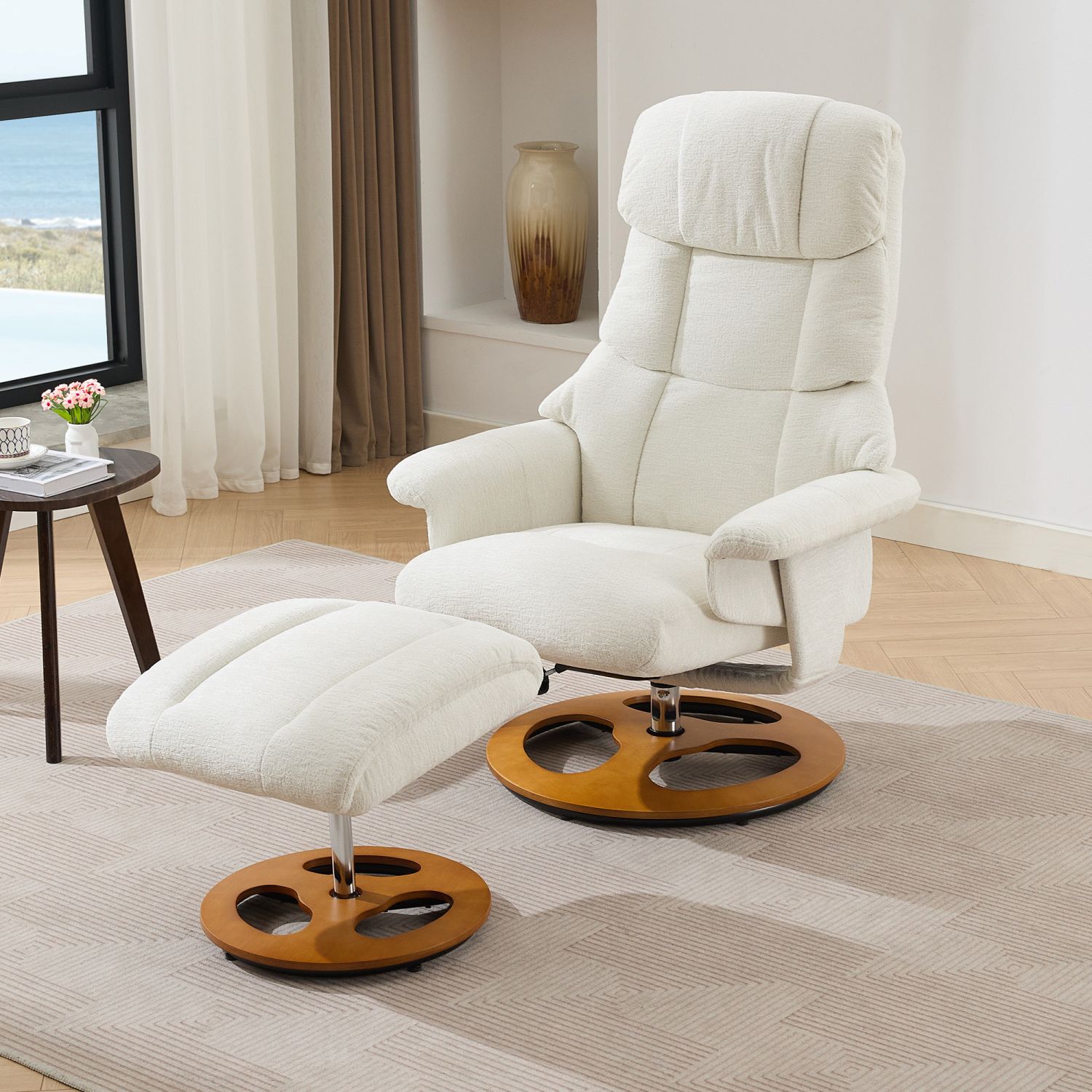 d01027h1rkx 010-Ergonomic Recliner Chair with Ottoman, Modern Chenille Fabric Massage Swivel Lounge Chair with Footrest, Adjustable Backrest for Home or Office, White - Image 1