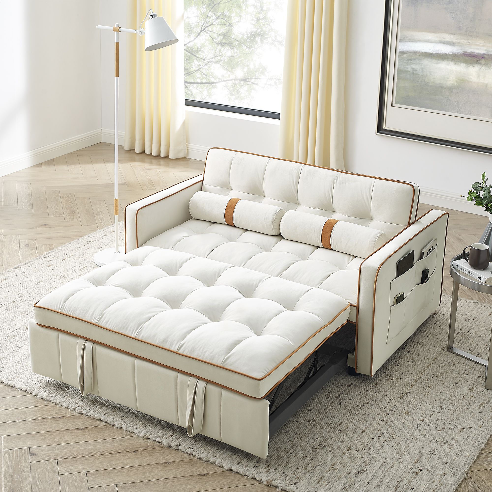 d0102h7vbw8 Modern 55.5" Pull Out Sleep Sofa Bed 2 Seater Loveseats Sofa Couch with side pockets, Adjsutable Backrest and Lumbar Pillows for Apartment Office Living Room - Image 1