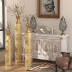 Metal decorative vases High distress metal center vases with growing vine patterns, set of 3 vases for home decoration 34 ", 29 ", 25 "H, gold - Image 3