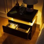 Nightstand LED Bedside Table Cabinet Lights Modern End Side with 2 Drawers for Bedroom (Black) - Image 2