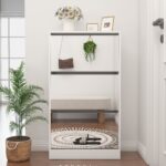 Narrow Shoe Storage Cabinet with Mirror, Wood Slim Shoe Rack 3 Tier Shoe Organizer for Home and Apartment, White - Image 2