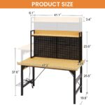 48''Adjustable Workbench with pegboard, Heavy Duty Wooden Desktop Workbench with Wheels, 1600 lb. Load Capacity, Rolling Workbench with AC/USB Outlet, Hooks, Shelf, for Garage, Workshop, Office, Home. - Image 5