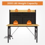 48''Adjustable Workbench with pegboard, Heavy Duty Wooden Desktop Workbench with Wheels, 1600 lb. Load Capacity, Rolling Workbench with AC/USB Outlet, Hooks, Shelf, for Garage, Workshop, Office, Home. - Image 6