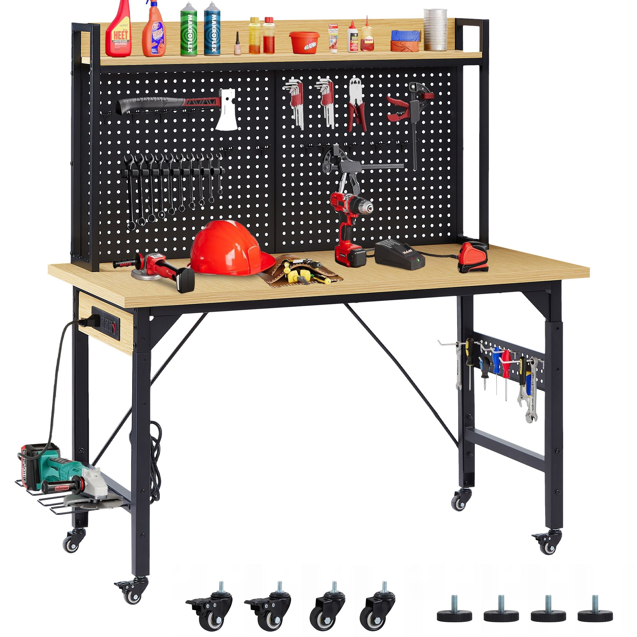 d0102hs2t8x 48''Adjustable Workbench with pegboard, Heavy Duty Wooden Desktop Workbench with Wheels, 1600 lb. Load Capacity, Rolling Workbench with AC/USB Outlet, Hooks, Shelf, for Garage, Workshop, Office, Home. - Image 1