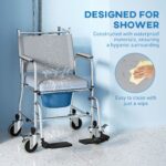 Rolling Shower Chair, Bedside Commode Wheelchair with Padded Seat, Backrest, for Seniors, Disabled, 300 lbs, Gray - Image 6